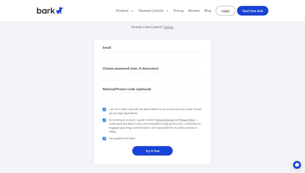 Bark free trial form